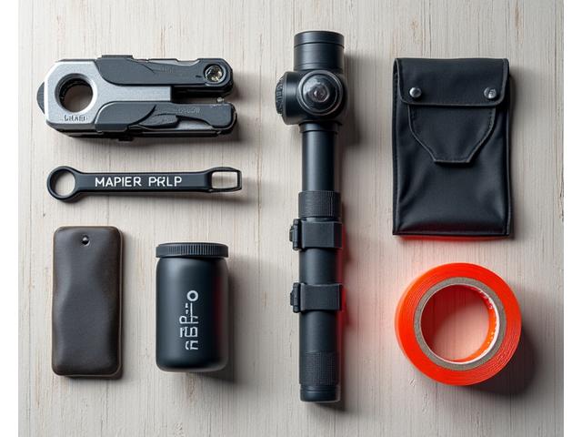 A close-up of various high-quality bike components and accessories meticulously arranged.