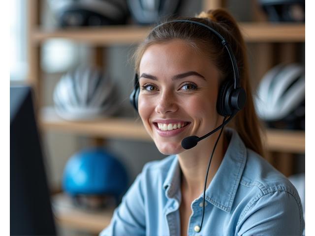 A customer service representative smiling while talking on a headset, with bike gear in the background.