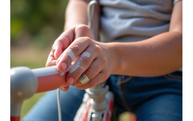 A person affixing a reflective sticker to a child's bike helmet, promoting cycling safety.