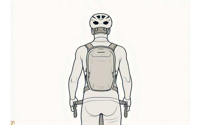 Illustration of a cyclist wearing a touring backpack, highlighting ergonomic points like padded shoulder straps, hip belt, and ventilated back panel