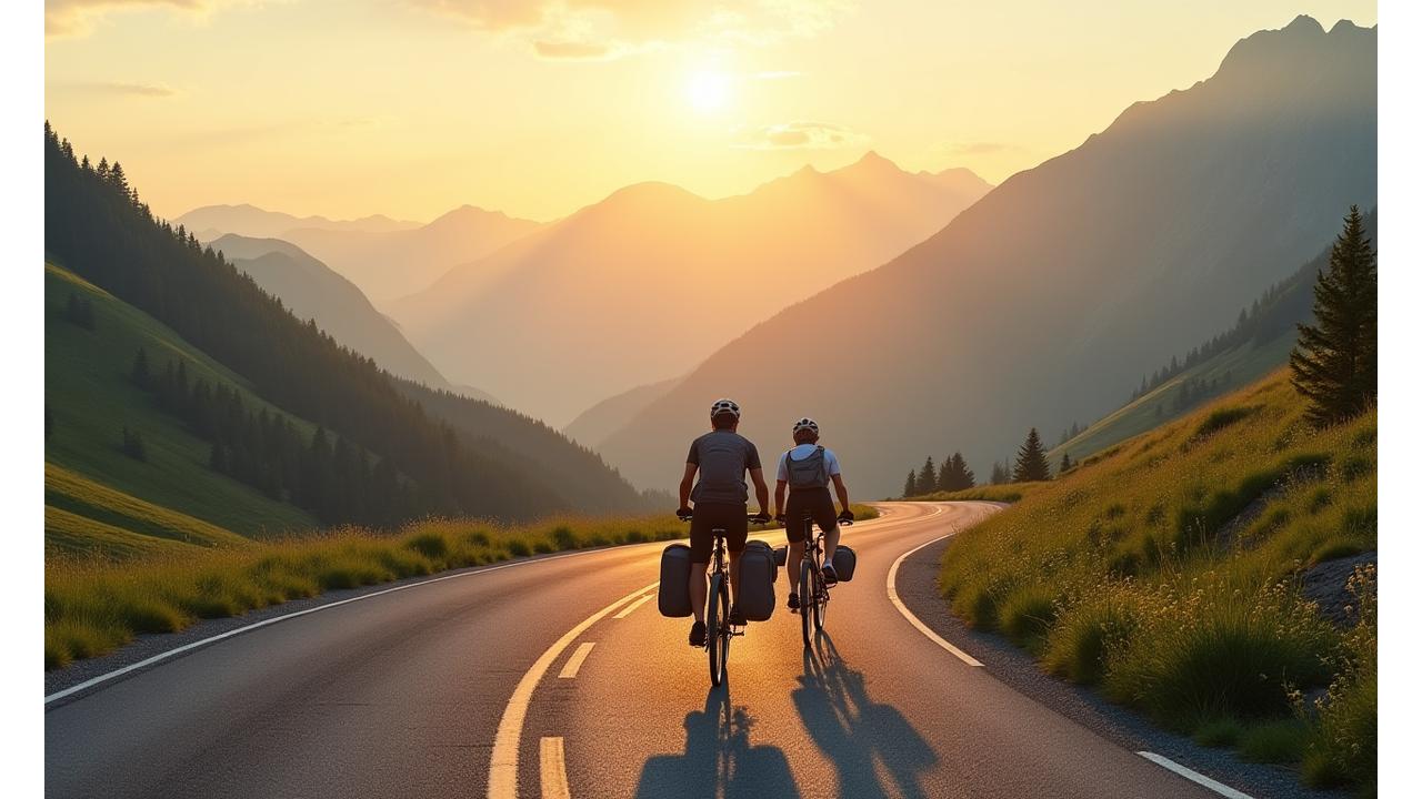 Cyclist on a scenic mountain road, equipped with touring gear