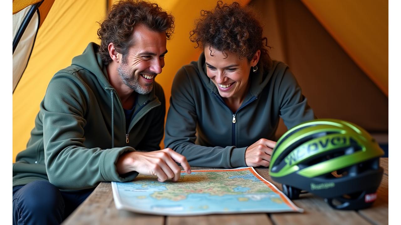 Cyclist speaking with an expert, looking at a map